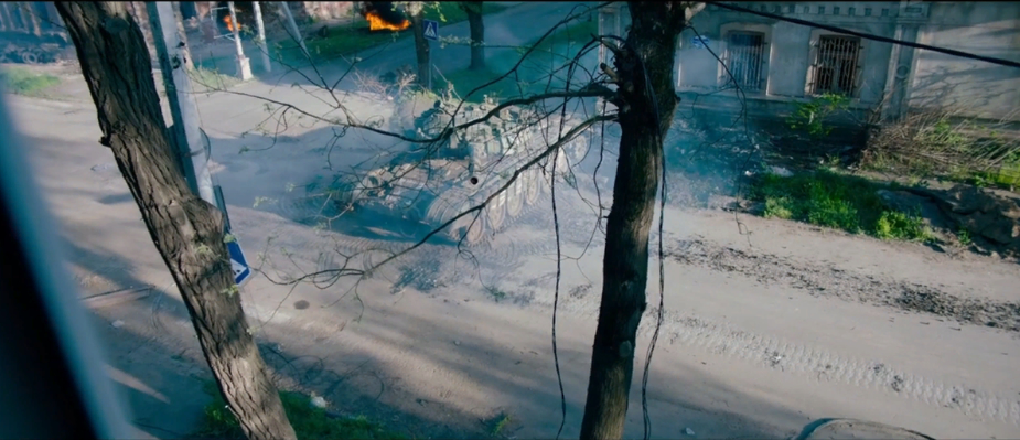 Still from the film with Azov attacking Russian tank