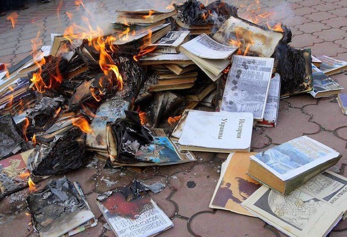 Burnt and discarded Ukrainian books in Ukraine`s occupied territories
