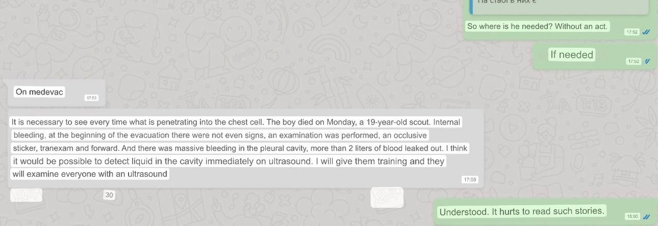 A literal translation of the chat between Alona and a combat medic reveals the crucial reason their team needs an ultrasound and recounts the tragic story of losing a young boy because they didn’t have one.