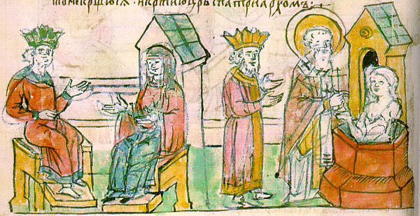 Princess Olga, Volodymyr's grandmother, was the first of Kyiv Rus rulers to be Baptized. This miniature from the Radzivill Chronicle depicts the process.