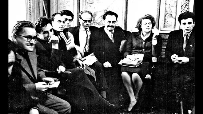 The Sixtiers. From right to left: Yevhen Sverstiuk, Lina Kostenko, Ivan Svitlychnyi, Ivan Drach, Ivan Dziuba, and Mykola Vingranovskyi. Photo from the web